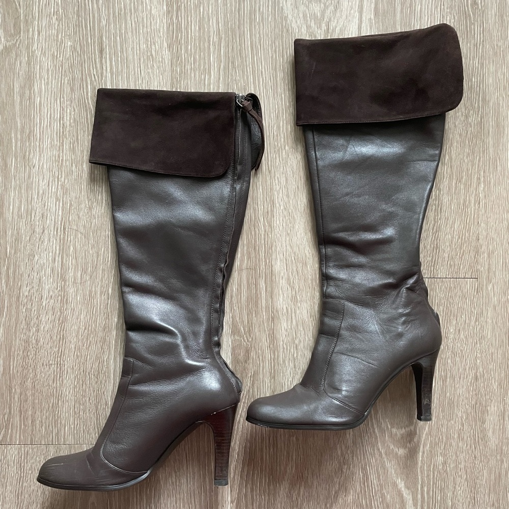 Brown Leather & Suede Ralph Lauren Knee-High Boots, Size 7